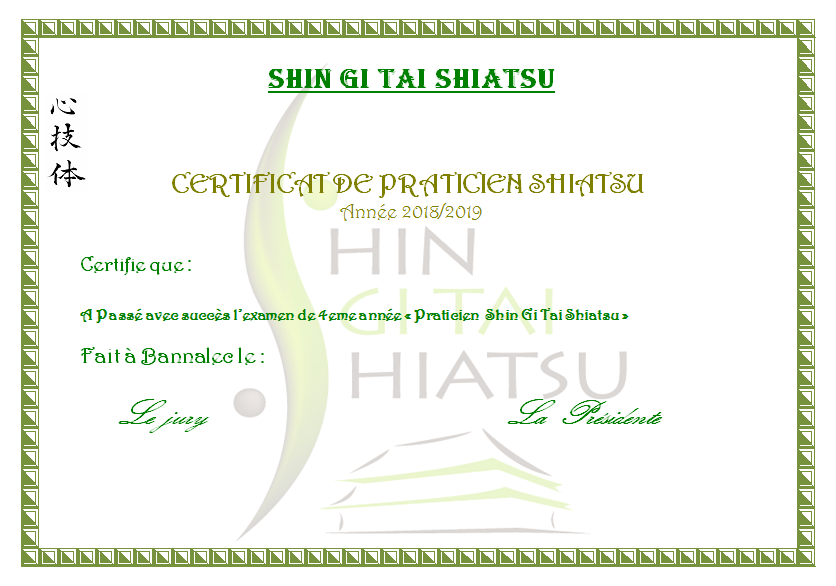 Certificat de praticien de l'école Shin Gi Taï Bretagne